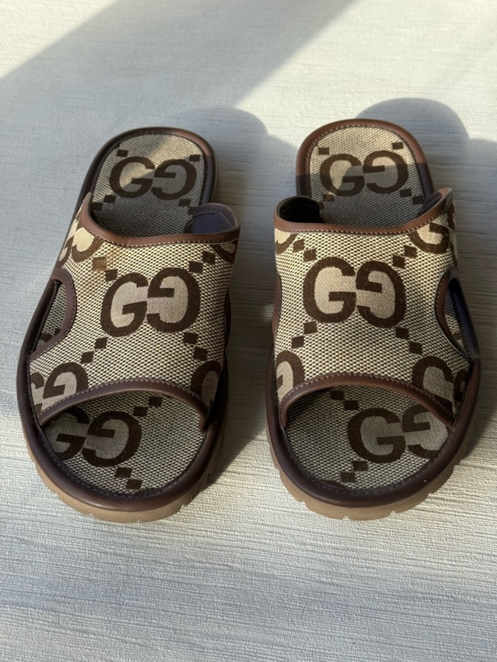 Gucci Beige and Brown GG Canvas Open-Toe Slides